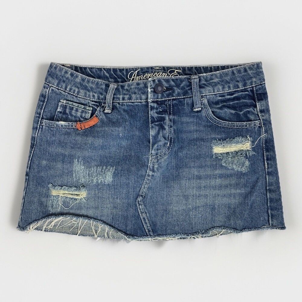 VTG American Eagle Micro Mini Denim Skirt Sz 4 Blue Jean Distressed Festival Y2K